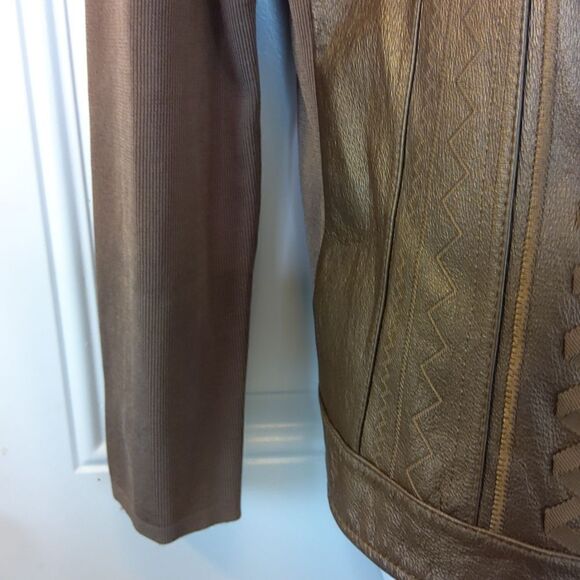 Nygard brown leather and fabric zippered front long sleeve jacket - Picture 6 of 16